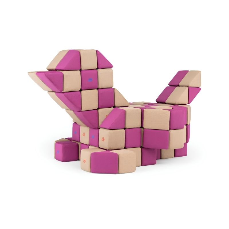 A bird-shaped structure built from JollyHeap Basic Set magnetic foam blocks, illustrating the imaginative animal builds possible with this soft play block set.