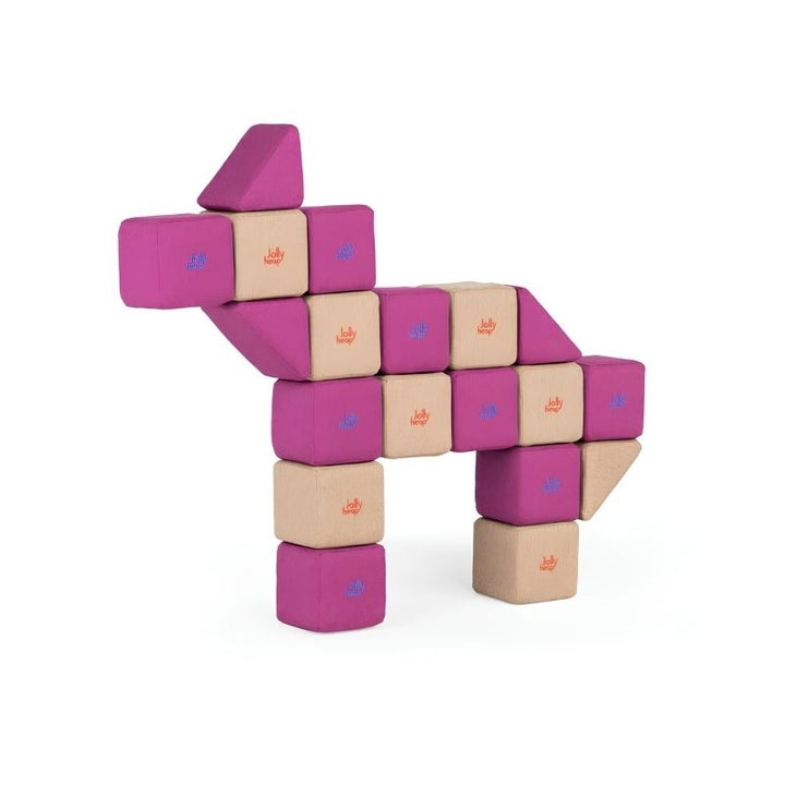A horse-shaped figure built from JollyHeap Basic Set magnetic foam blocks, illustrating the animal builds this soft play block set makes possible.