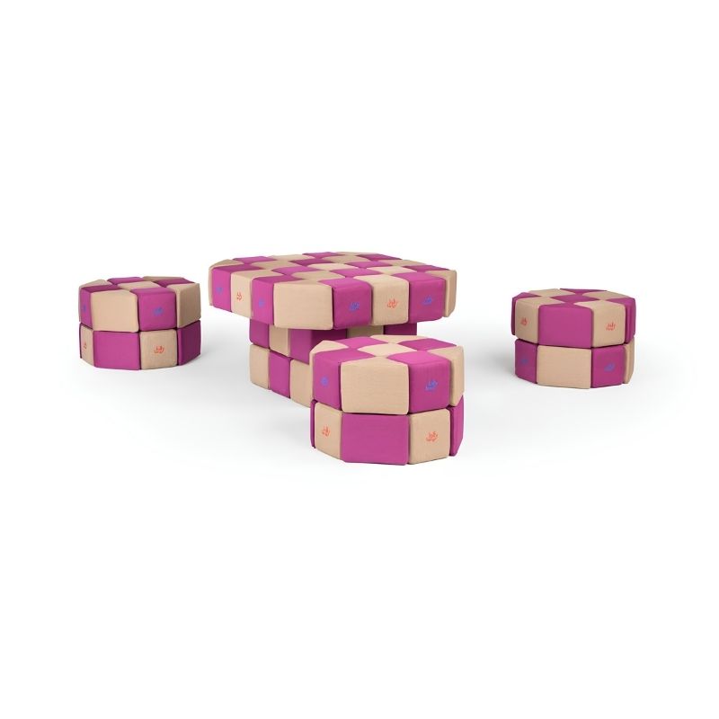 A table and matching stools built from JollyHeap Basic Set magnetic foam blocks, showing how this soft play set can furnish a classroom or play area.