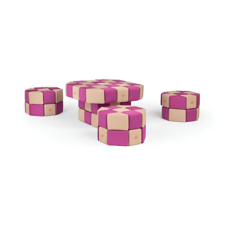 A table and matching stools built from JollyHeap Basic Set magnetic foam blocks, showing how this soft play set can furnish a classroom or play area.