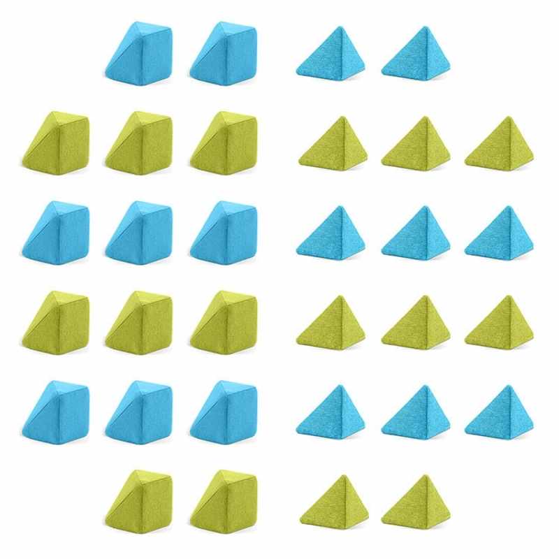 JollyHeap Extra Set - 32 Blocks laid out flat, showing all 16 truncated cubes and 16 pyramids included in this magnetic foam expansion set