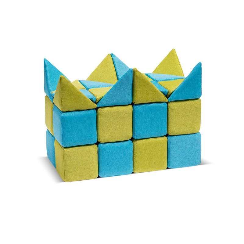 JollyHeap Extra Set - 32 Blocks assembled into a castle-style build, showing the truncated cubes and pyramids in this magnetic foam block expansion set