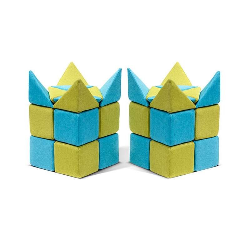 JollyHeap Extra Set - 32 Blocks built into two matching turret towers, demonstrating the new shapes in this magnetic foam block expansion set
