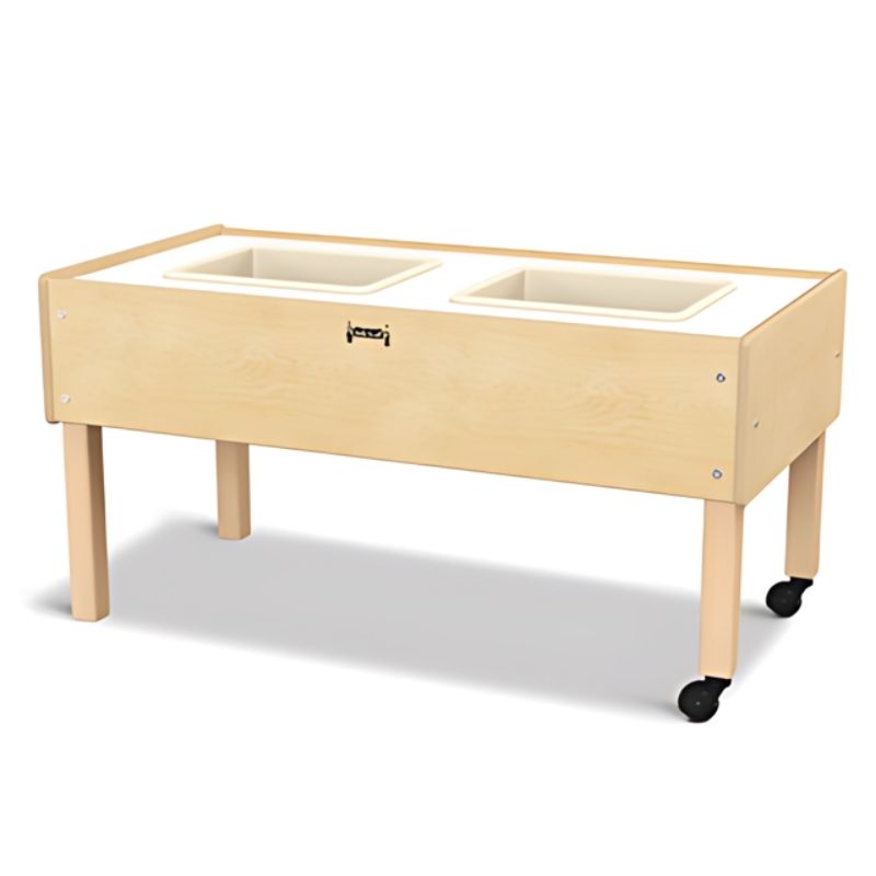 Jonti-Craft Toddler 2 Tub Sensory Table landscape view showing two independent tubs, laminate top, and Baltic Birch frame of this GREENGUARD Gold certified classroom sensory table