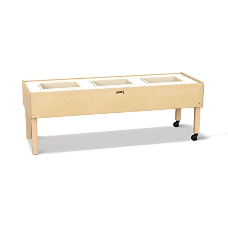 Jonti-Craft Toddler 3 Tub Sensory Table landscape view showing three individual tubs and durable laminate top of this GREENGUARD Gold certified classroom sensory station