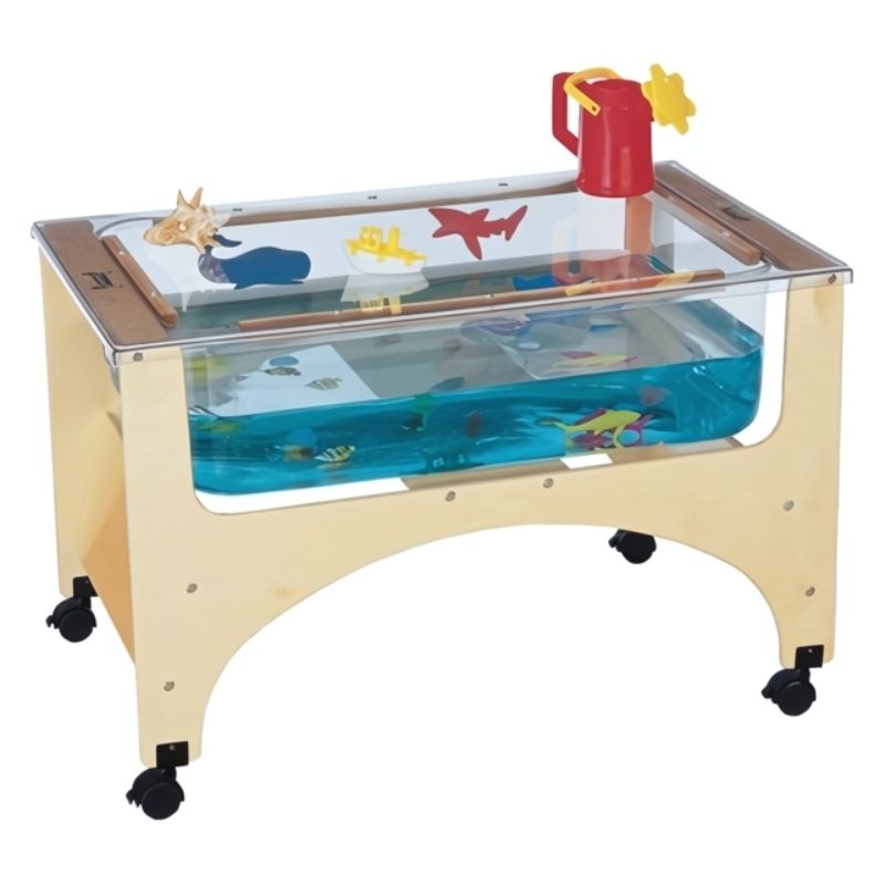 Jonti-Craft See Thru Sensory Table 24-1/2" High landscape view showing the transparent acrylic tub, locking wheels, and included see-through activity cover for preschool classrooms