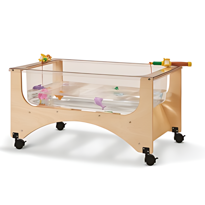 Jonti-Craft See Thru Toddler Sensory Table filled with water showing the transparent acrylic tub providing 360-degree visual access to sensory materials during play