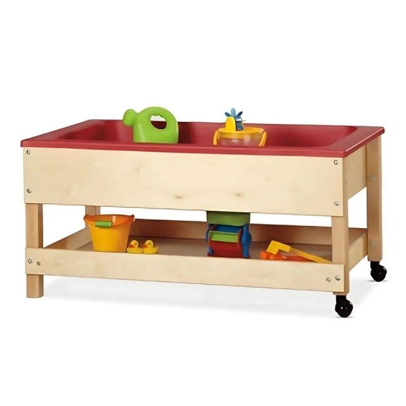 Jonti-Craft Toddler Sensory Table with Shelf 20" High landscape view showing the full Baltic Birch frame, opaque plastic tub, under-tub storage shelf, and caster wheels