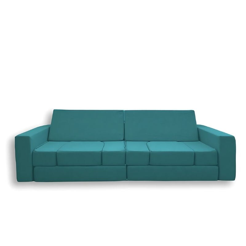 KiiCo Couch MAX 10-piece modular play couch in Forest colour variant, showing all pieces laid out in a clean landscape view with polyester linen covers