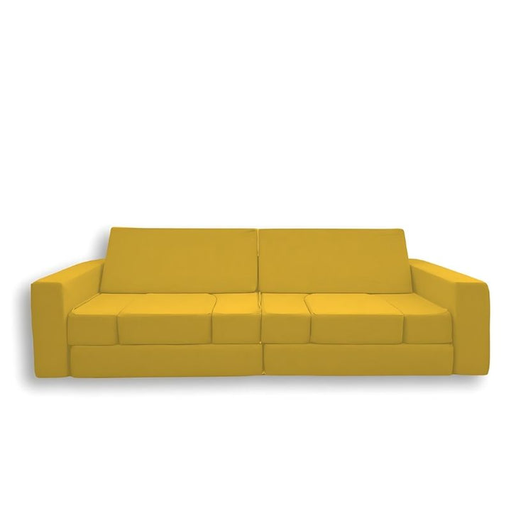 KiiCo Couch MAX 10-piece modular play couch in Honeybee colour variant, showing all pieces in a clean landscape view for fort-building, jumping, and lounging