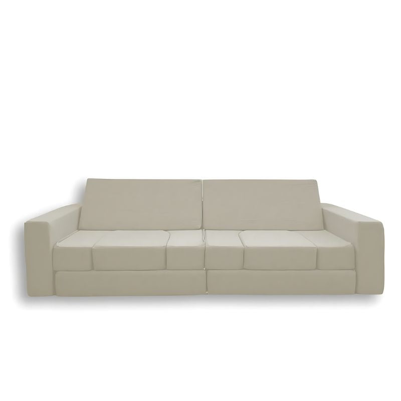KiiCo Couch MAX 10-piece modular play couch in Oat colour variant, showing all pieces in a clean landscape view with machine-washable linen covers and YKK zippers