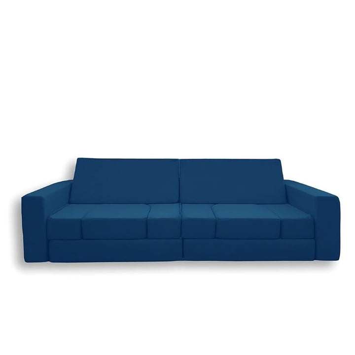 KiiCo Couch MAX 10-piece modular play couch in Ocean colour variant, displaying the full set of CertiPUR-US certified foam pieces with zippable bases and linen covers