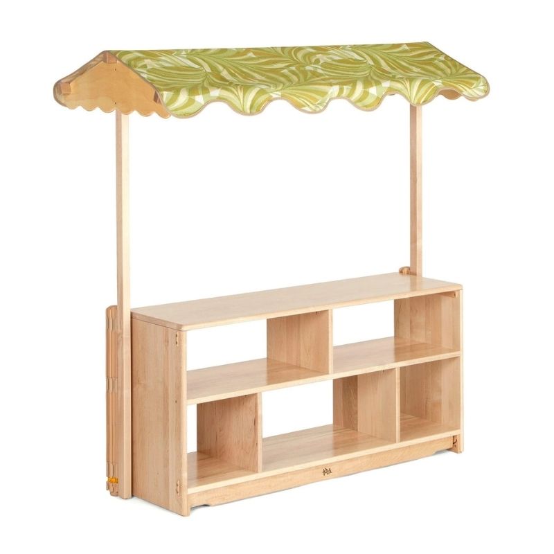Kinderhuis Eloise Canopy birch wood dramatic play unit, full view of the canopy and shelf structure for early years classrooms and playrooms