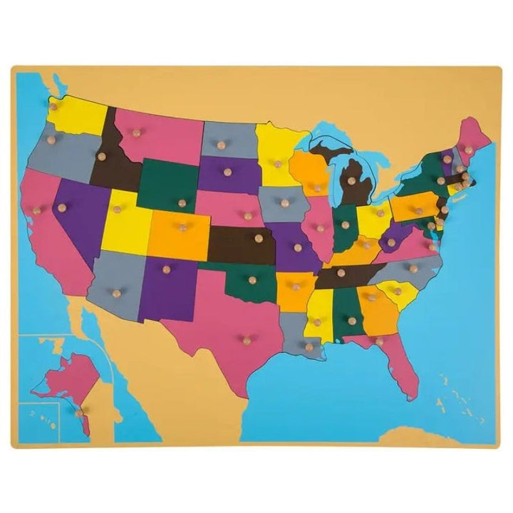 Kinderhuis Montessori geography cabinet with Central America puzzle map, showing laser-cut pieces and capital knobs for hands-on learning