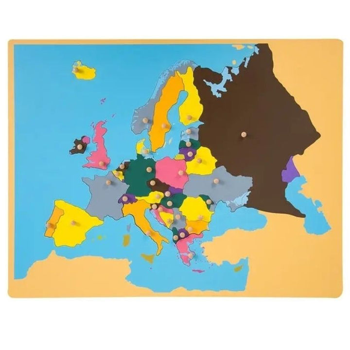 Kinderhuis Cabinet of the World Europe puzzle map with silkscreened laser-cut country pieces and capital knob detail