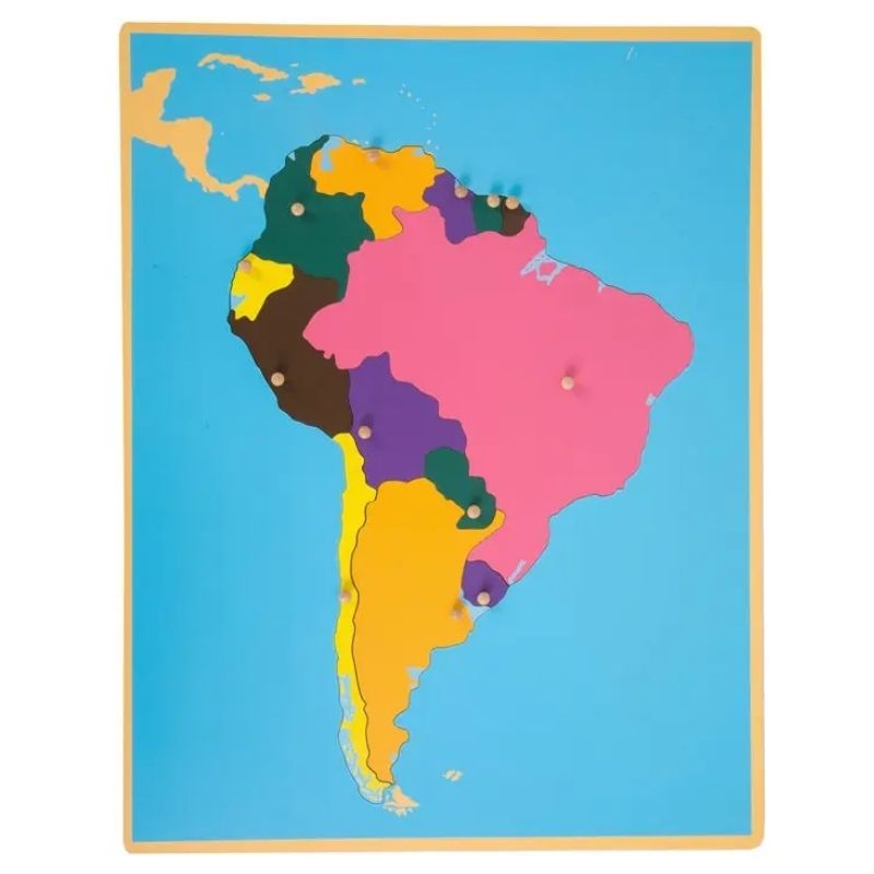 Kinderhuis Cabinet of the World South America puzzle map with laser-cut country pieces and capital location knobs