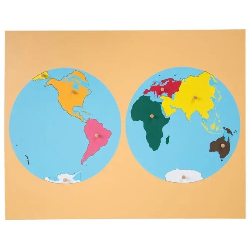 Kinderhuis Cabinet of the World globe view showing the complete 8-map Montessori geography puzzle set