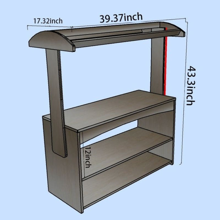 Detailed dimension diagram of the Kinderhuis Leo Dramatic Play Unit showing 39 inch length, 17.72 inch depth and 43.5 inch height for classroom and daycare planning