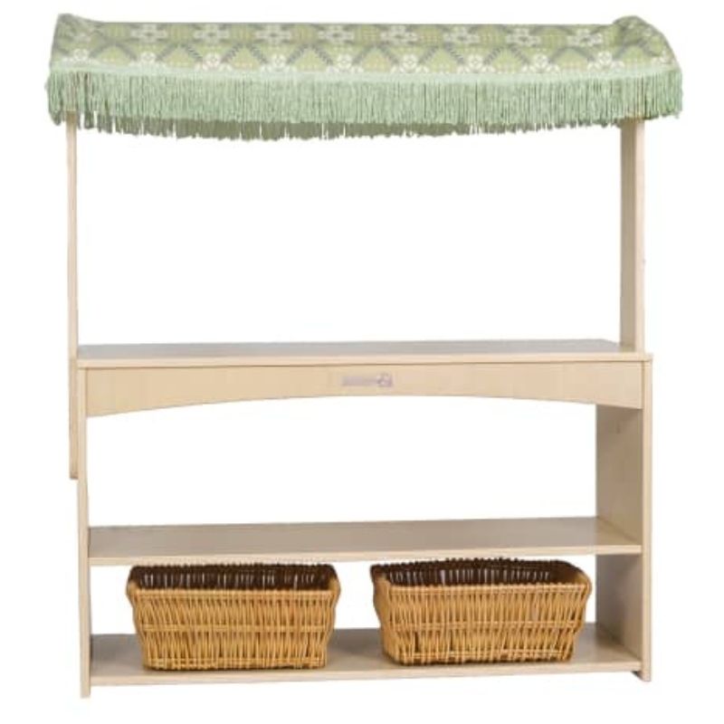 Kinderhuis Leo Dramatic Play Unit front view showing the birch wood toddler counter with fringed canopy, a pretend play furniture piece for classrooms and home playrooms