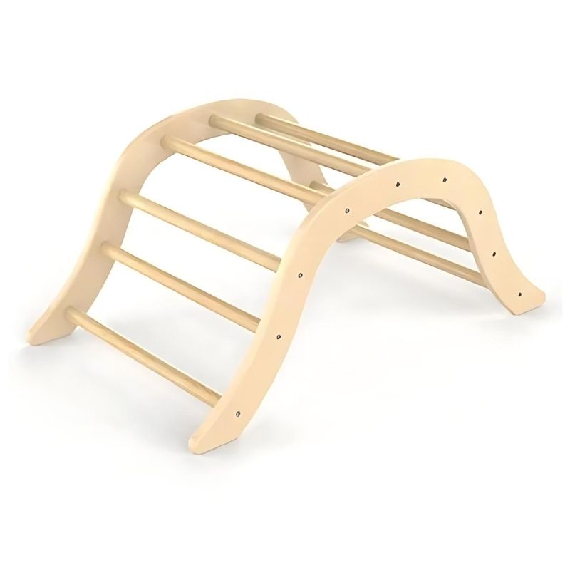 Kinderhuis climbing arch in natural birch plywood, shown as a Montessori rocker and reading nook accessory for toddlers