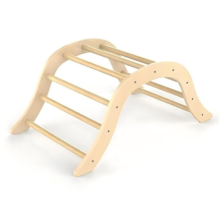 Kinderhuis climbing arch in natural birch plywood, shown as a Montessori rocker and reading nook accessory for toddlers