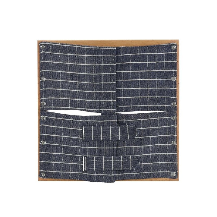 Kinderhuis Montessori dressing frame with blue check fabric panel, beechwood frame for independence and fine motor training