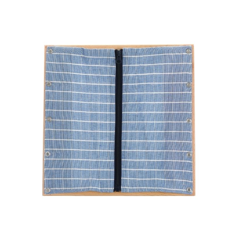 Kinderhuis Montessori sky blue dressing frame, solid beechwood construction for Montessori practical life activities