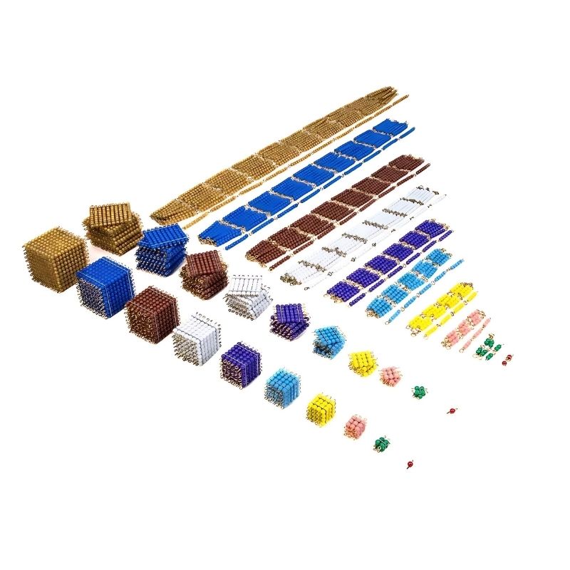 Kinderhuis Montessori bead chains and bead squares laid out in landscape view, showing coloured skip counting materials