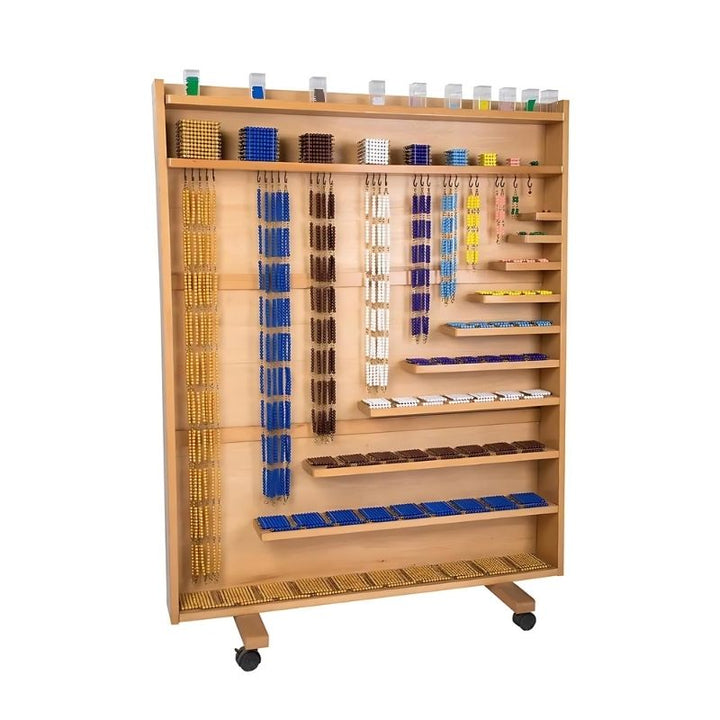 Kinderhuis Montessori Math Beads and Cabinet Set, front view showing full beech plywood cabinet with bead material on display