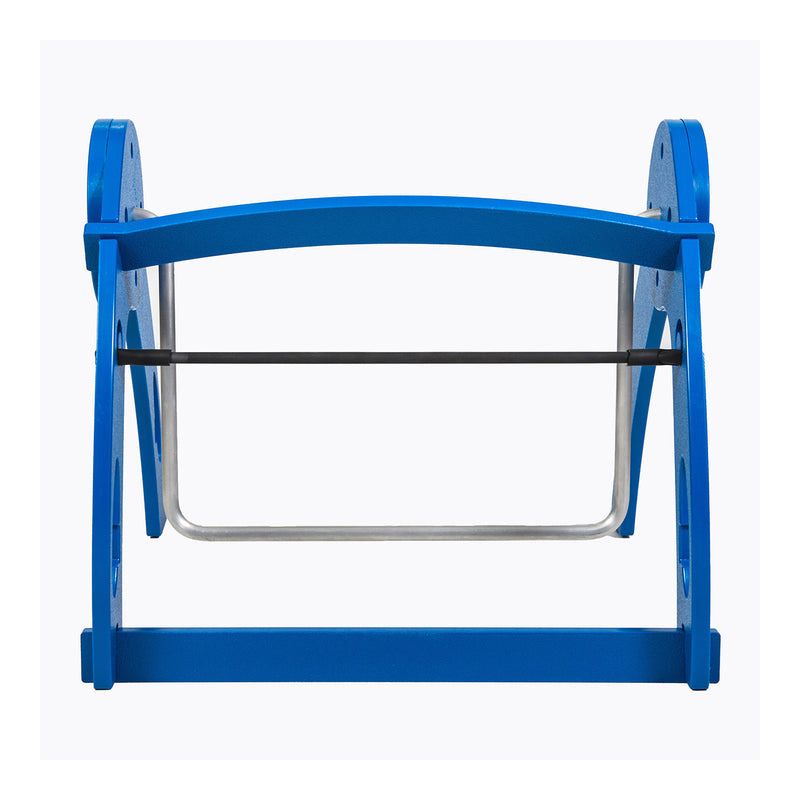 Full clear product view of the Kinnebar K100 Foot Swing in blue showing the base construction, swing bar, and rubber sensory foot band