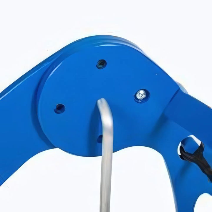 Close-up detail of the Kinnebar K100 Foot Swing in blue showing aluminium bar and rubber sensory band construction