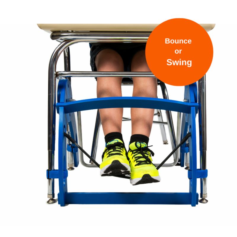 Kinnebar K100 Foot Swing blue variant shown from the front with the aluminium swing bar and sensory foot band in position under a desk