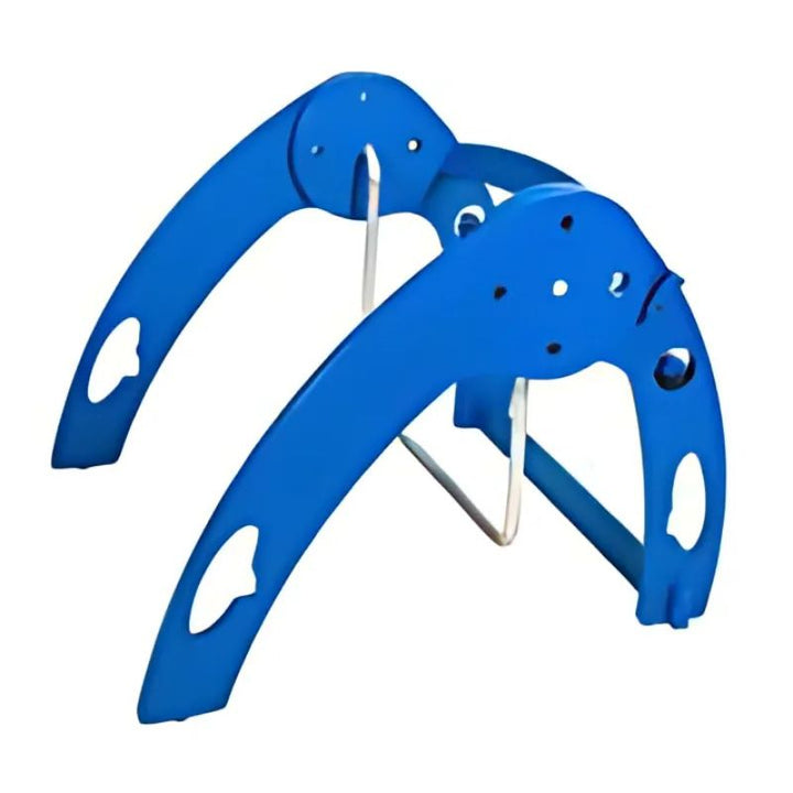 Top and side angle view of the Kinnebar K100 Foot Swing in blue showing the adjustable bar placement positions on the HDPE base