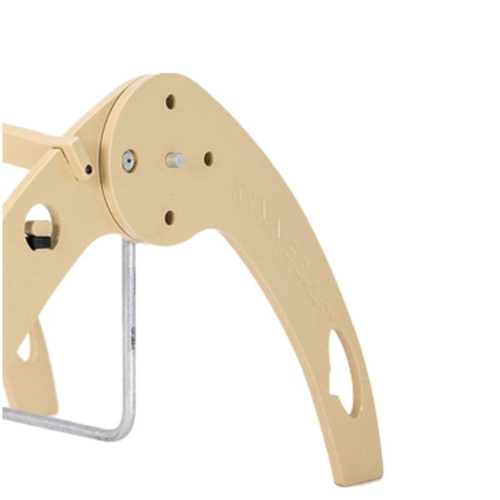 Kinnebar K100 Foot Swing in natural finish, side view showing the full assembly including sensory band and aluminium swing bar