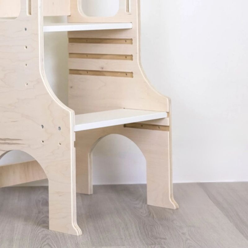 Sapiens Child Kiwi Kitchen Tower bottom view showing the stable non-balancing base construction and eco-friendly wood finish of the Canadian-made adjustable learning stool