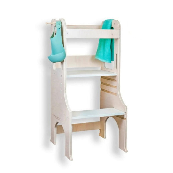 Sapiens Child Kiwi Kitchen Tower clean landscape view showing the full adjustable Montessori learning stool with removable hooks, rounded corners, and eco-friendly non-toxic wood construction made in Vancouver