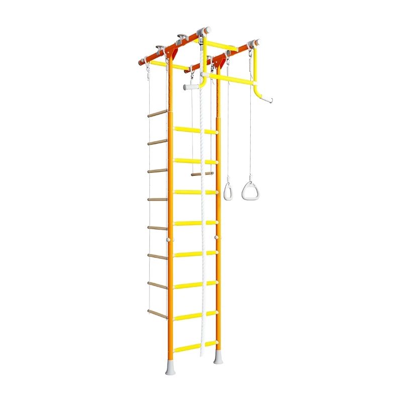 LimiKids Comet indoor playset landscape view showing the full compact 3 by 3 foot structure with ladder, rope ladder, horizontal pull-up bar, trapeze, gymnastic rings, and climbing rope