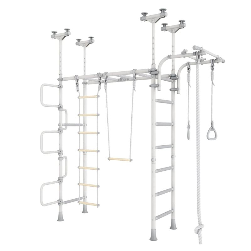 LimiKids Pegasus indoor playset in Grey White colour variant, portrait view showing the complete indoor jungle gym structure with ladder, monkey bars, trapeze, rings, and climbing rope