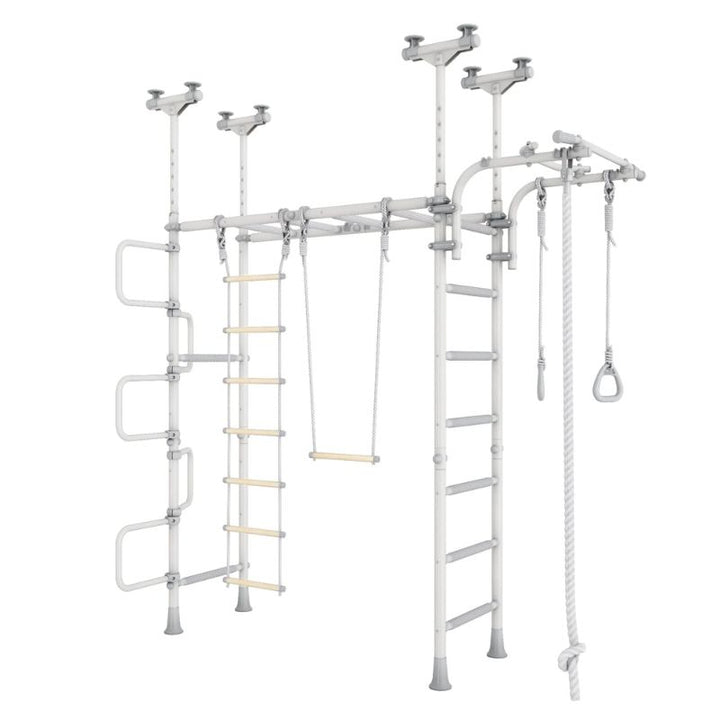 LimiKids Pegasus indoor playset in Grey White colour variant, portrait view showing the complete indoor jungle gym structure with ladder, monkey bars, trapeze, rings, and climbing rope