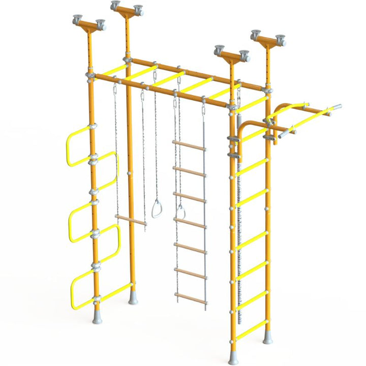 LimiKids Pegasus indoor playset in Orange Yellow colour variant, top-down view showing the full Canadian-made indoor jungle gym layout including monkey bars, ladder, curved ladder, trapeze, and gymnastic rings