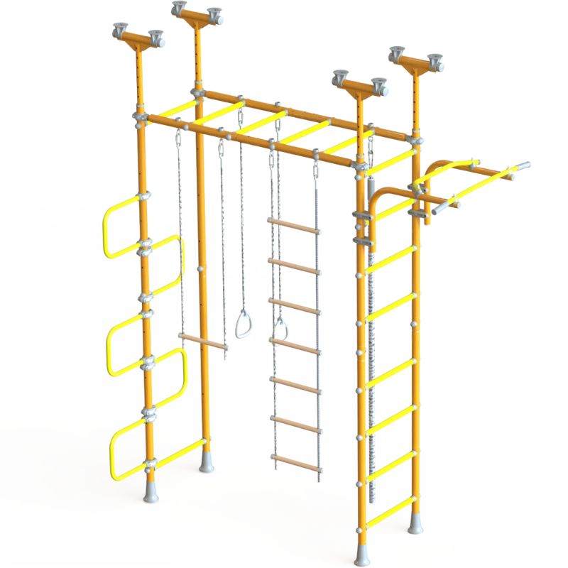 LimiKids Pegasus indoor playset in Orange Yellow colour variant, top-down view showing the full Canadian-made indoor jungle gym layout including monkey bars, ladder, curved ladder, trapeze, and gymnastic rings