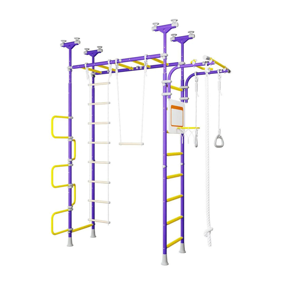 LimiKids Pegasus indoor playset in Purple Yellow colour variant, portrait view showing the full Canadian-made pressure-mounted indoor jungle gym with monkey bars for home installation
