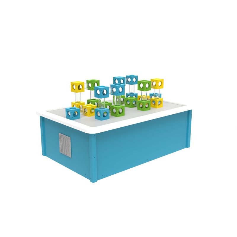 LiteZilla AeroCube Constructor Table showing the full freestanding unit with colourful building cubes and clear air tubes, an interactive STEM exhibit for schools and sensory rooms