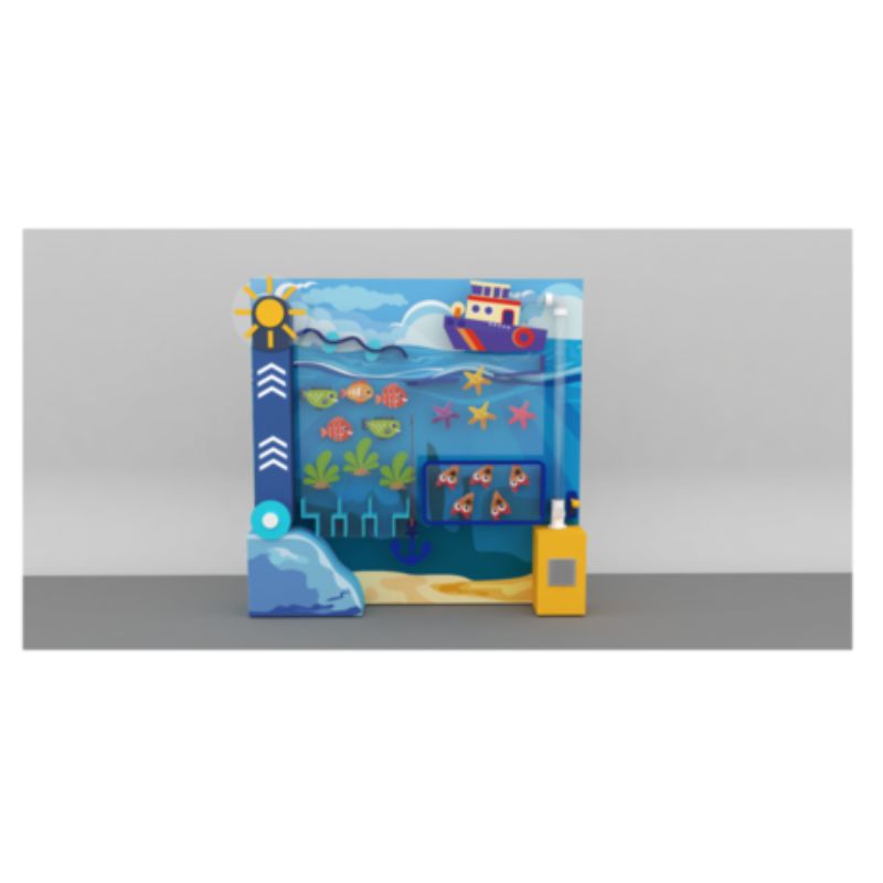 3D render of the LiteZilla Ultimate Ball Launcher in a 10x10 configuration with a custom ocean-themed mural backdrop, illustrating how the air-powered STEM exhibit can be tailored to any theme or institutional setting