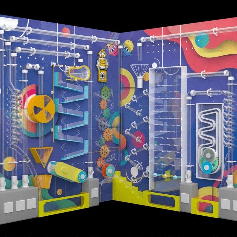 3D render of the LiteZilla Ultimate Ball Launcher in a two-panel corner configuration, showing the full air-powered tube network, gear elements, and customizable illustrated STEM backdrop across a large institutional installation