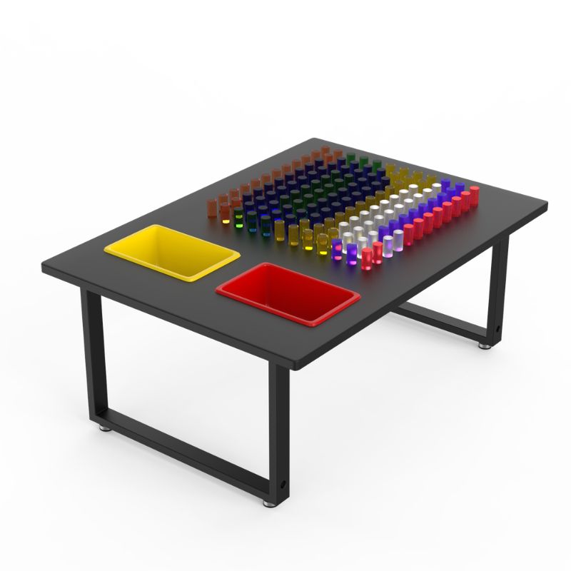 Child placing Mini LitePins into the illuminated grid of the LiteZilla IllumiTable, developing fine motor skills through sensory light play