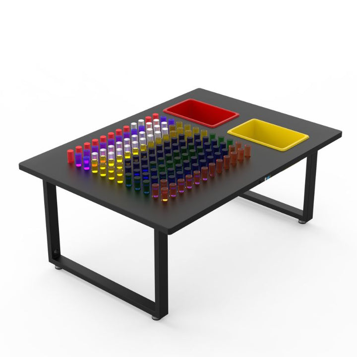 Close-up of the LiteZilla IllumiTable's backlit HDPE grid with colourful Mini LitePins creating a glowing sensory light display