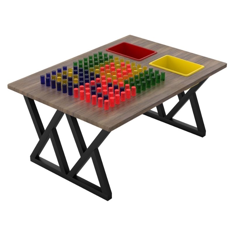 LiteZilla IllumiTable LED sensory light table with glowing Mini LitePins inserted into the illuminated grid surface, shown in a therapy or classroom setting