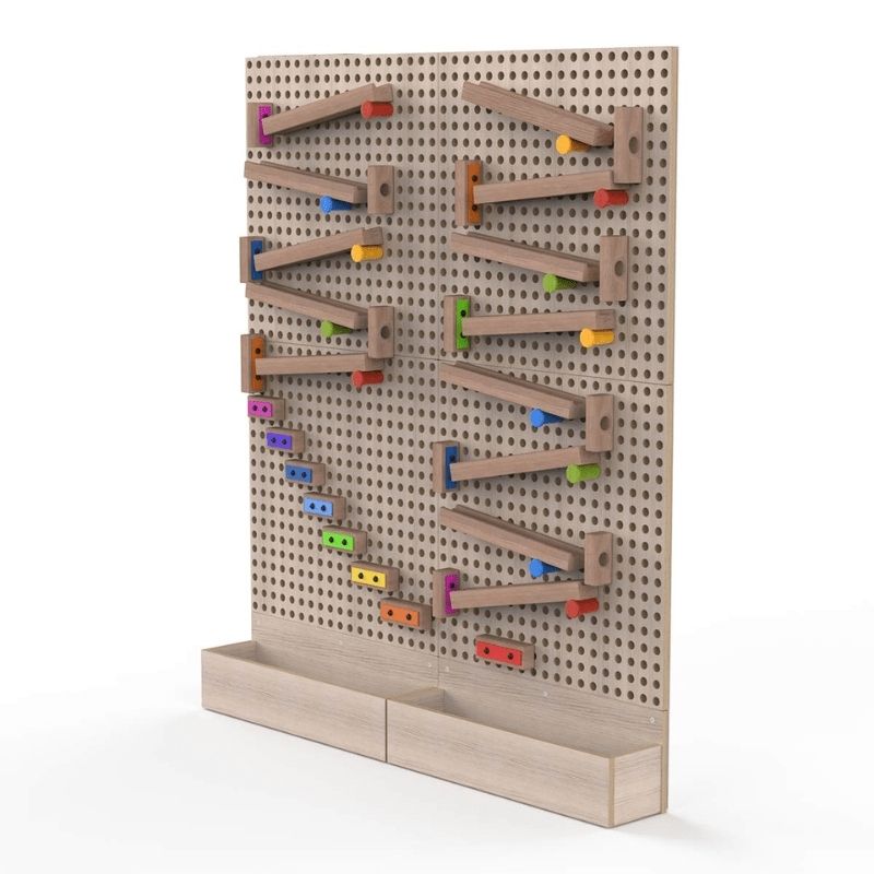 LiteZilla KidWorx ball run and ramp wall activity product render showing colourful ramp components installed on the modular beechwood grid, a physics and STEM exploration activity for classrooms