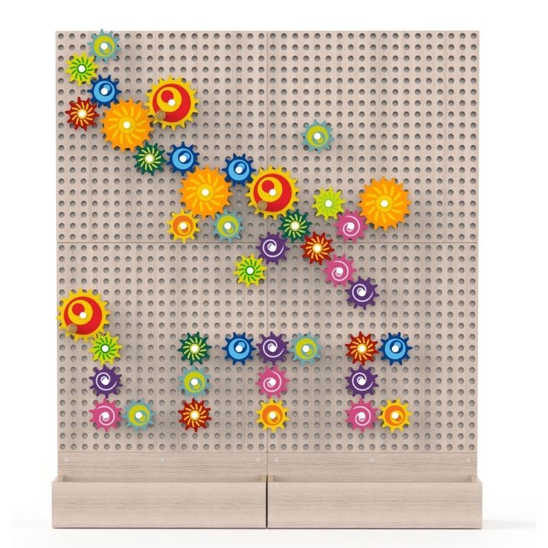 LiteZilla KidWorx Gizmo Gears game product render showing colourful interlocking gear chains arranged in a pattern on the freestanding beechwood wall grid, a STEM activity for schools and learning spaces